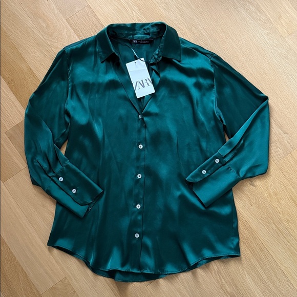 NWT Zara Green Satin Effect Shirt - Picture 2 of 4
